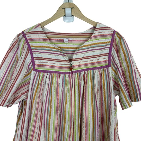 Vtg Go Softly Patio House Dress Large Multicolor Striped Cotton Blend Full Zip - Picture 2 of 11